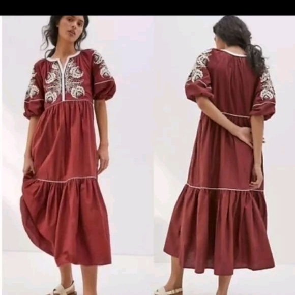 Anthropologie Gretel Embroidered Maxi Dress Maroon White Floral Boho XSP - Picture 2 of 8